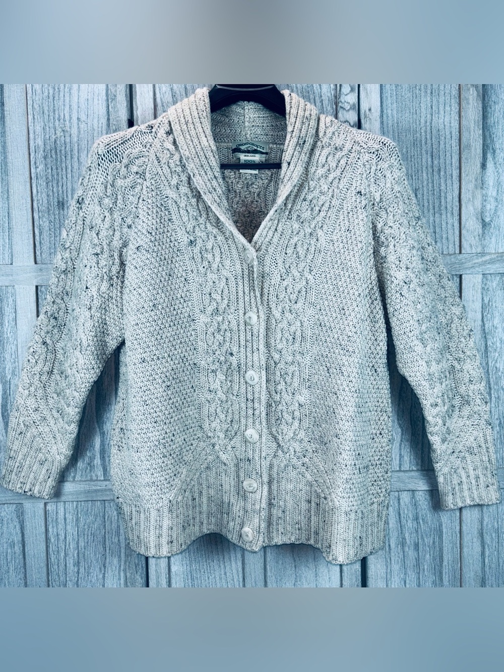 Aran Crafts Merino Wool Shawl Collar Button-Front Cardigan,